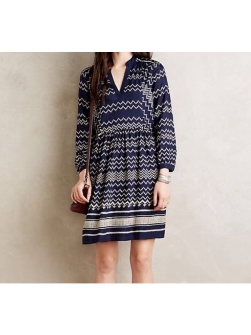 ANTHROPOLOGIE HOLDING HORSES NAVY BLUE & BEIGE CHEVRON PRINT DRESS - S